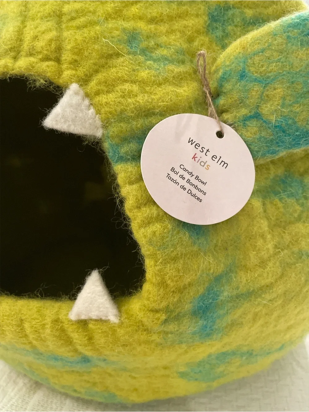 West Elm Halloween Felt Monster Candy Bowl Shades of Green with Blue Spots NWT